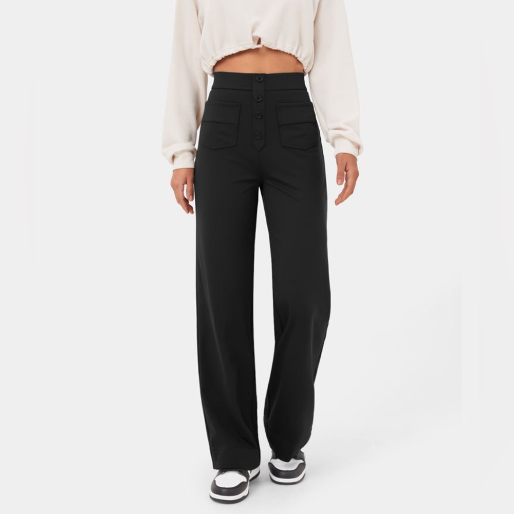 NWT Halara High-Waisted Button Straight Leg Pants, Black, M